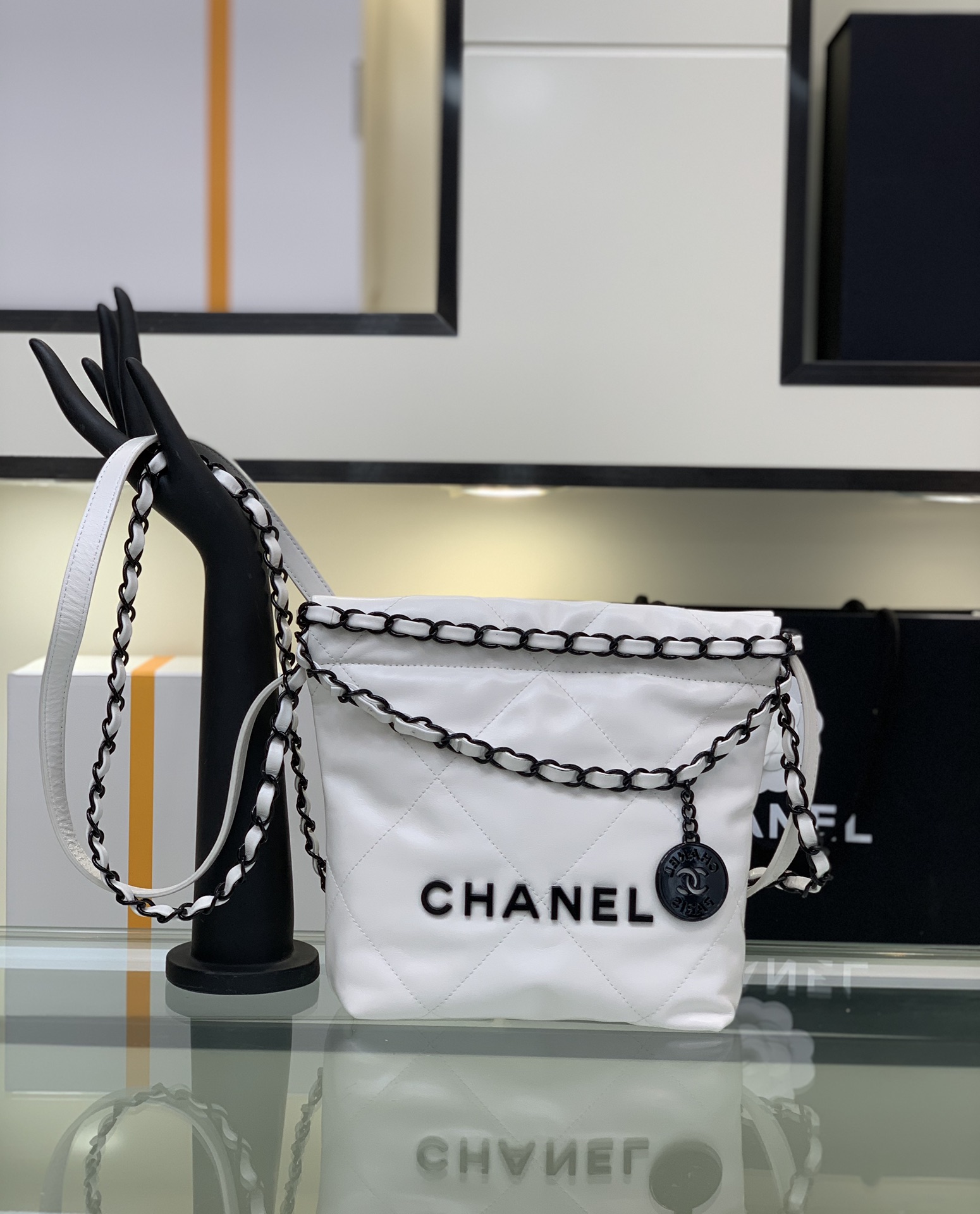 Chanel 22 Mini Handbag 22S Calfskin White Black Logo,Bags : Sneakers Online - Buy Sneakers for Men & Women, Sneakers Online - Buy Sneakers for Men & Women