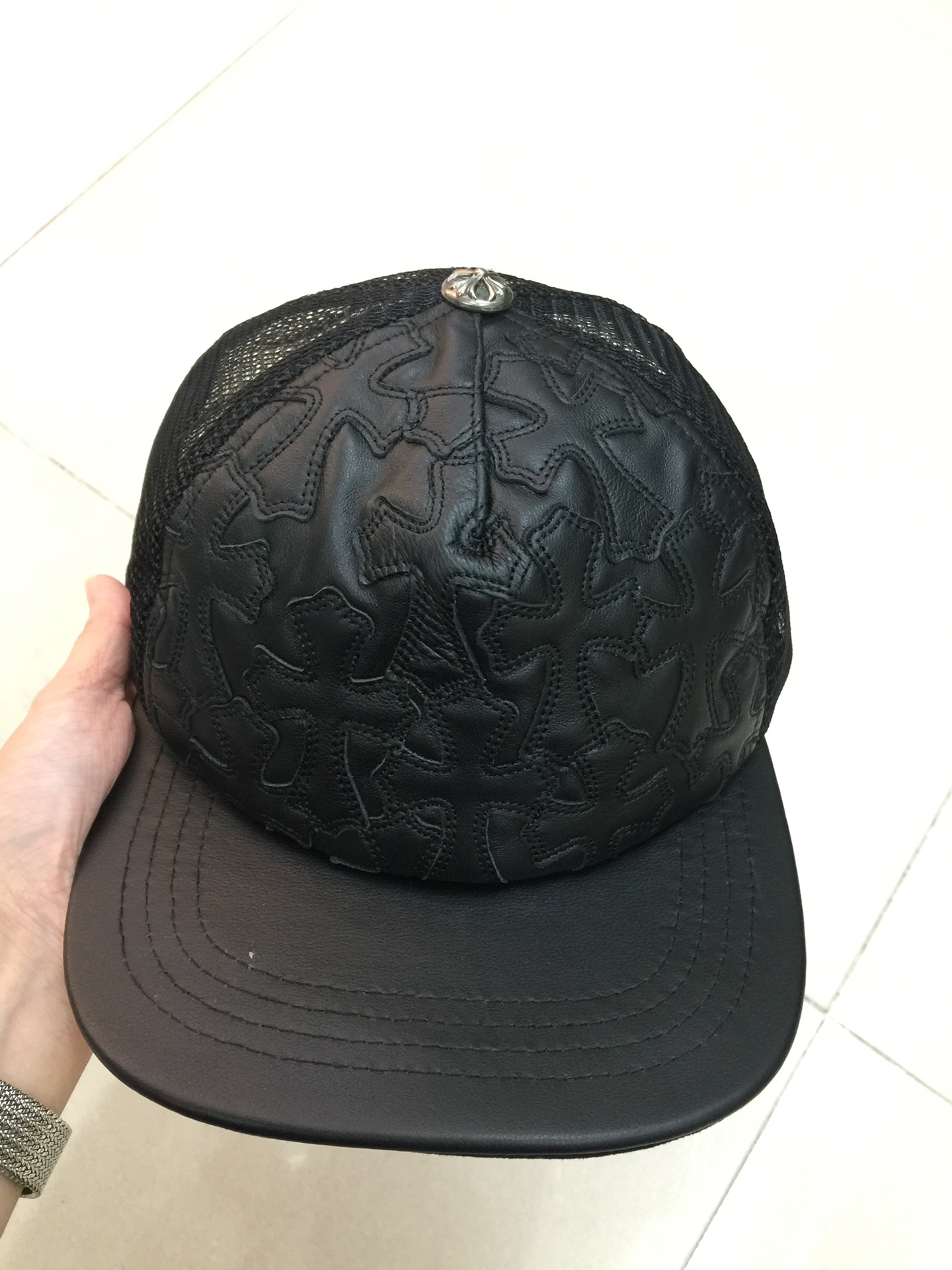 Chrome Hearts Cemetary Cross Leather Stitched Trucker Hat Black