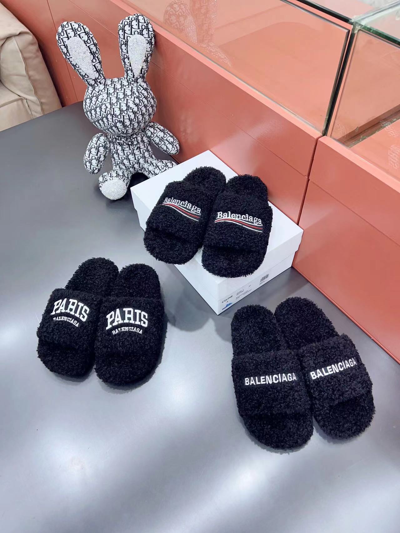 Balenciaga Furry Slide Sandal in black